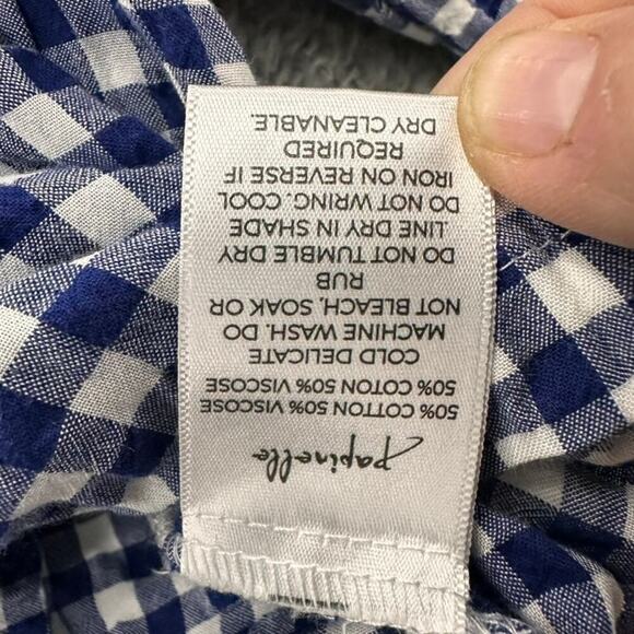 Papinelle Women's Medium Crop Top Button Up Short Sleeves Blue White Checkered - Picture 7 of 9